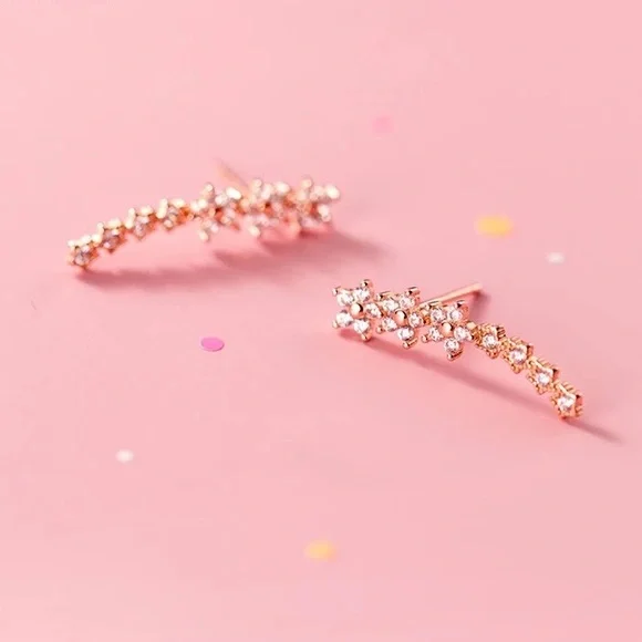 Cherry Blossom Diamond Climber/Crawler Floral Gold Dainty Wedding Gift Earrings - Picture 4 of 8